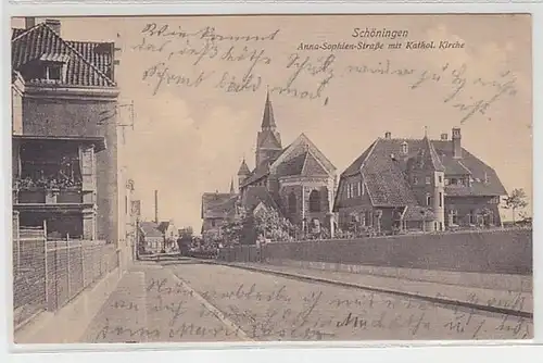 02223 Ak Schöningen Anna-Sophien-Straße mit Kathol. Kirche 1912