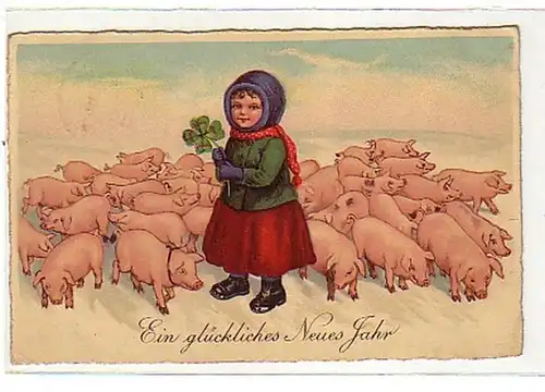 02209 Carte de félicitations avec des porcs chanceux 1933