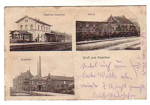 02147 Ak Gruss aus Kapellen Bahnhof, Brauerei usw. 1915