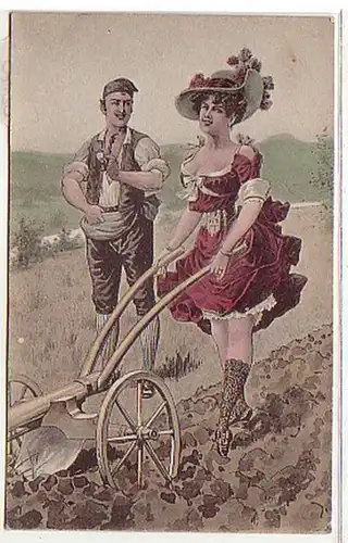 02140 Ak Erotik Humor Dame mit Pflug um 1910