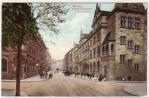 02123 Ak Mayence Bahnhofstraße et Hauptpost 1915