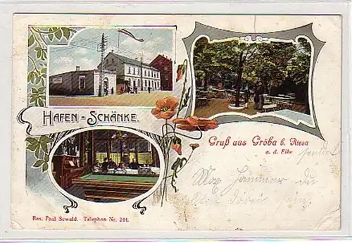 00958 Ak Gruss aus Gröba bei Riesa Hafen Schänke 1911