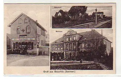 00914 Ak Gruss aus Stauchitz Bahnhof usw. 1925