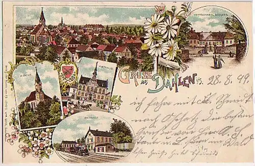 00707 Ak Lithographie Gruß aus Dahlen Bahnhof usw.1899