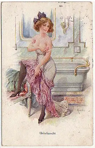 00588 Ak Erotik Dame beim Bad "Unbelauscht" 1920