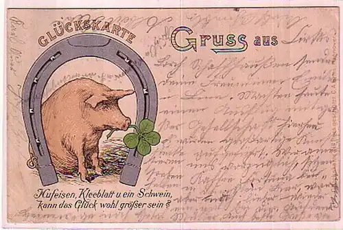00586 Ak Carte chanceuse avec fer à cheval, porc, etc 1899