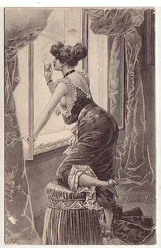 00319 Ak érotique Dame fumant à la fenêtre vers 1900