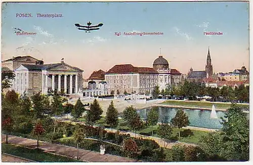 00067 Ak Posen Theaterplatz mit Doppeldecker 1915
