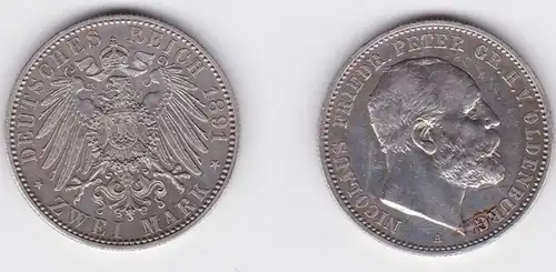 2 Mark Silber Münze 1891 Nicolaus Friedrich Peter von Oldenburg vz (150238)