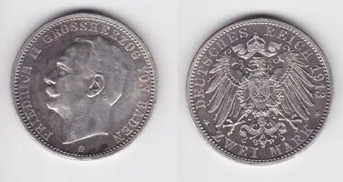 2 Mark Silber Münze Baden Großherzog Friedrich II 1913 vz (150626)