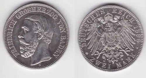 2 Mark pièce d'argent Baden Grand-Duc Friedrich 1896 Jäger 28 vz+ (151027)