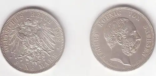 5 Mark Silbermünze Albert König von Sachsen 1902 E Auf den Tod (BN1191)