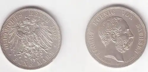 5 Mark pièce d'argent Albert Roi de Saxe 1902 E À la mort (BN1191)