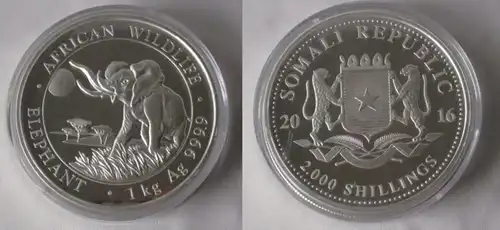 2000 Shillings Somalie 2016 Éléphant African Wildlife 1 kg argent BU (155086)