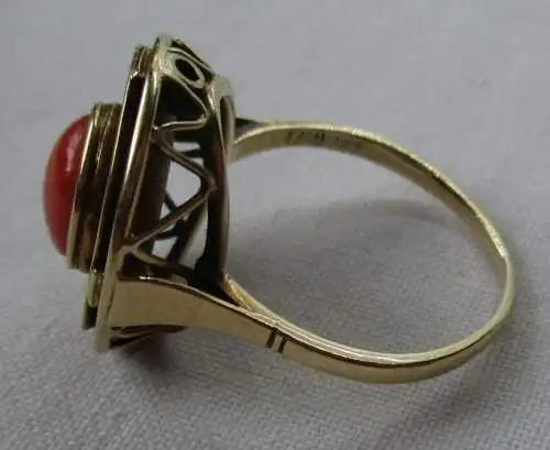 bague en or élégante 585 avec corail & tête d'anneau décorée (126196)