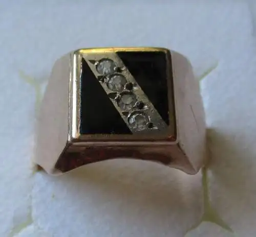 hochwertiger Herrenring 585er Gold mit 4 weißen Edelsteinen & Onyx (153520)