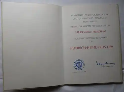 DDR Certificat Heinrich-Heine Prix 1989 Ministère de la Culture Bartel 32 (155510)