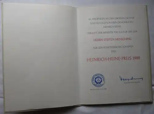 DDR Urkunde Heinrich-Heine-Preis 1989 Ministerium für Kultur Bartel 32 (155510)