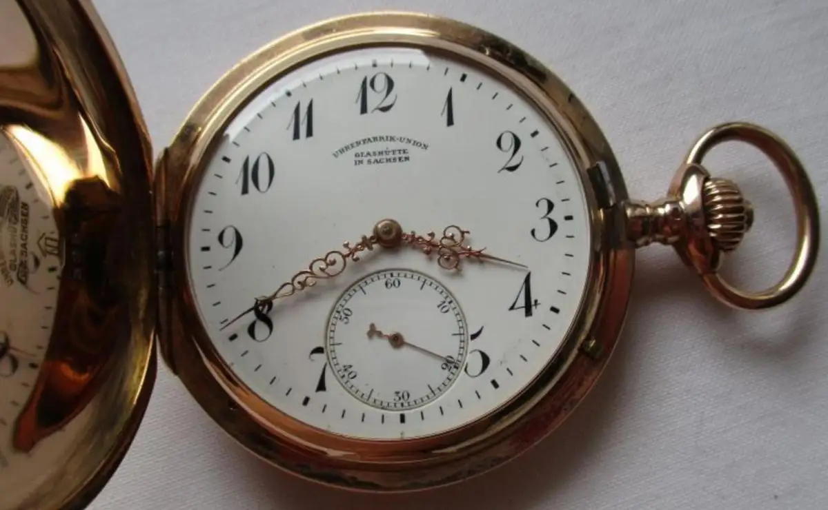Savonette Taschenuhr Uhrenfabrik Union Glashütte 585er Gold 100,7 Gramm (134737) 4