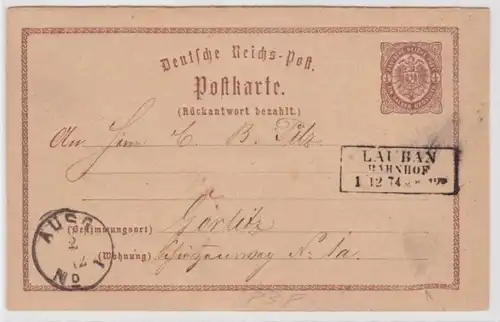 97466 DR Ganzsachen Postkarte Plattenfehler P3F Lauban nach Görlitz 1874