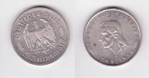 5 Mark Silber Münze Friedrich Schiller 1934 F Jäger 359 vz/Stgl. (136772)