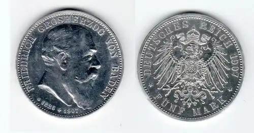 5 Mark pièce d'argent Baden Grand-Duc Friedrich à la mort 1907 Chasseur 37 (129871)