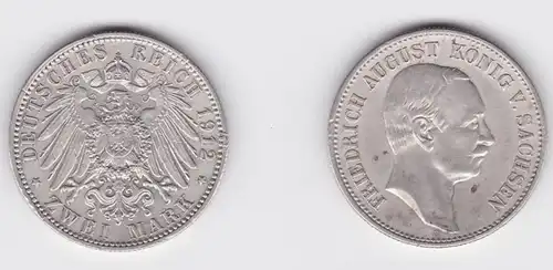 2 Mark pièce d'argent Saxe Roi Friedrich August 1912 Jäger 134 vz (150015)