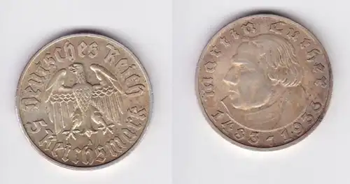 5 Mark argent pièce Martin Luther 1933 A chasseur 353 f.vz (133655)