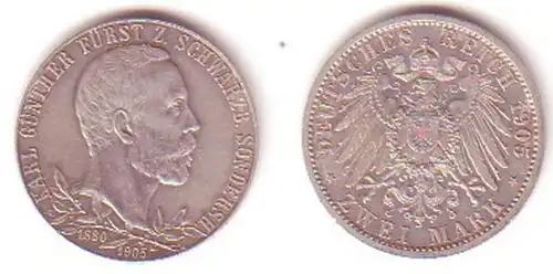 2 Mark Silber Münze 1905 Schwarzburg Sondershausen (BN9784)