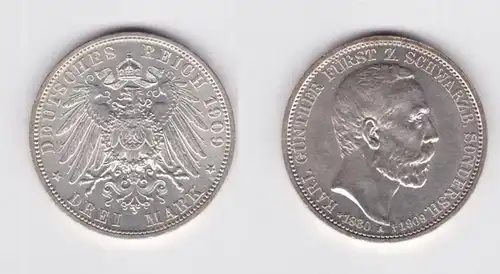 3 Mark Argent Pièce Schwarzburg Spezialshausen Prince Karl Günther 1909 (142313)