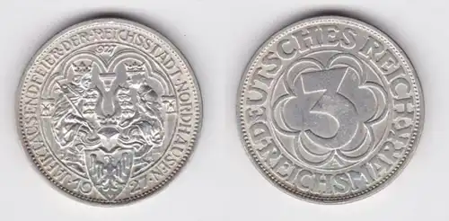 3 Mark Silber Münze Jahrtausendfeier Nordhausen 1927 (152898)