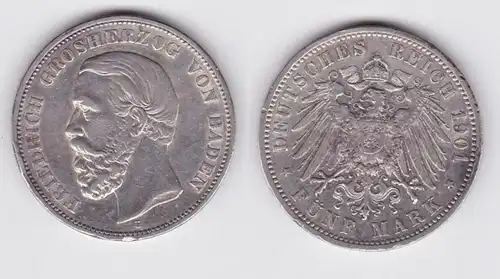 5 Mark pièce d'argent Baden Grand-Duc Friedrich 1901 Jäger 29 ss+ (150303)