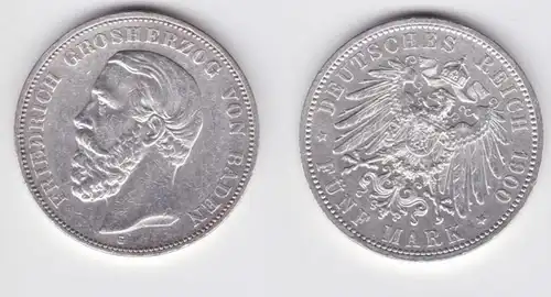 5 Mark pièce d'argent Baden Grand-Duc Friedrich 1900 Chasseur 29 ss+ (151439)