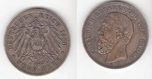 5 Mark pièce d'argent Baden Grand-Duc Friedrich 1900 Chasseur 29 (111181)