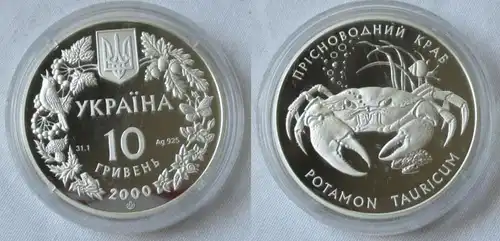 10 Hryven Argent pièce Ukraine 2000 Menaces faune Crabe d'eau douce (100005)