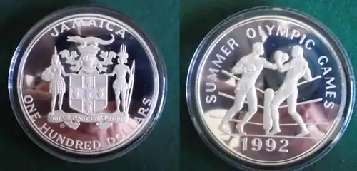 100 Dollar Silber Münze Jamaica Olympische Spiele Barcelona 1992 (120646)
