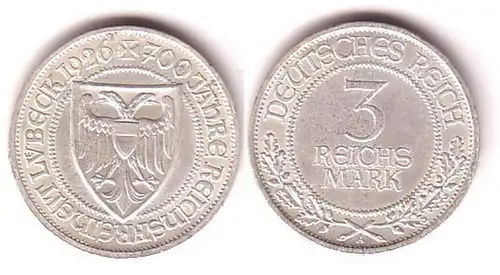 Münze 3 Mark 700 Jahre Reichsfreiheit Luebeck 1926 A