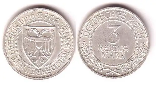 Pièce 3 Mark 700 ans Liberté d'empire Luebeck 1926 A
