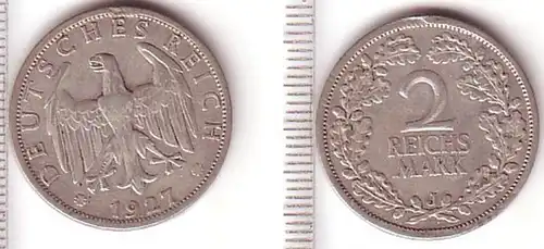 2 Mark argent pièce République de Weimar 1927 J Jäger 320 (BN5355)