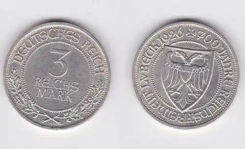 Münze 3 Mark 700 Jahre Reichsfreiheit Lübeck 1926 A vorzüglich+ (131485)