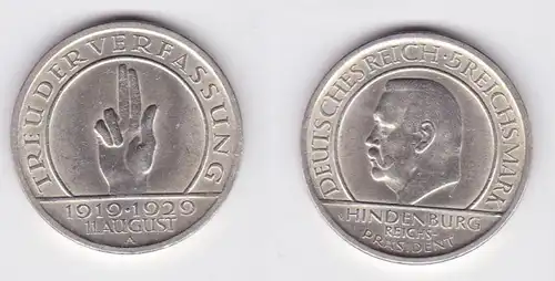 5 Mark Silber Münze Weimarer Republik Verfassung 1929 A vz (131338)