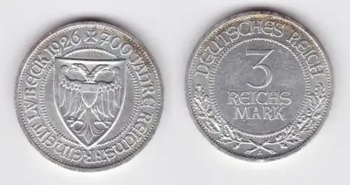 3 Mark Silber Münze 700 Jahre Reichsfreiheit Lübeck 1926 Jäger 323 (152403)