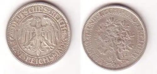 5 Mark Silber Münze Weimarer Republik Eichbaum 1932 A