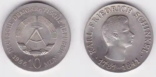 DDR Gedenk Münze 10 Mark Karl Friedrich Schinkel 1966 Silber f.Stgl. (141100)