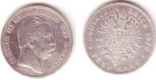 5 Mark Argent Monnaie Hesse Grand-duc Louis III 1875 (MU1084)