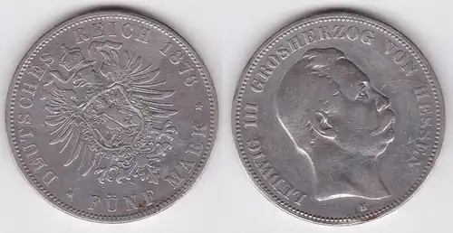 5 Mark Silber Münze Hessen Großherzog Ludwig III 1876 H (111835)
