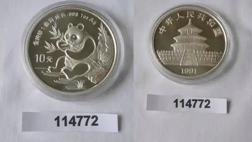 10 pièce d'argent Yuan Chine Panda 1 once d ' argent fin 1991 Stgl. (114772)