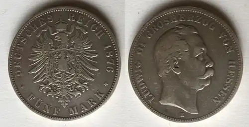 5 Mark pièce d'argent Hesse Grand-duc Louis III 1876 Chasseur 67 (122903)