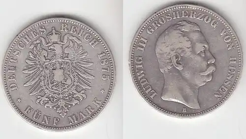 5 Mark pièce d'argent Hesse Grand-duc Louis III 1875 Chasseur 67 (111403)