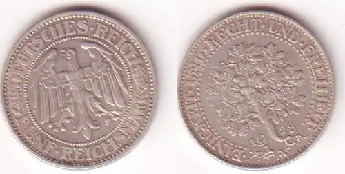 5 Mark Silber Münze Weimarer Republik Eichbaum 1928 A (MU0329)